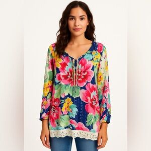 Johnny Was Silk Floral Tunic Blouse Top, Boho, Festival, Coastal, Beach, XS